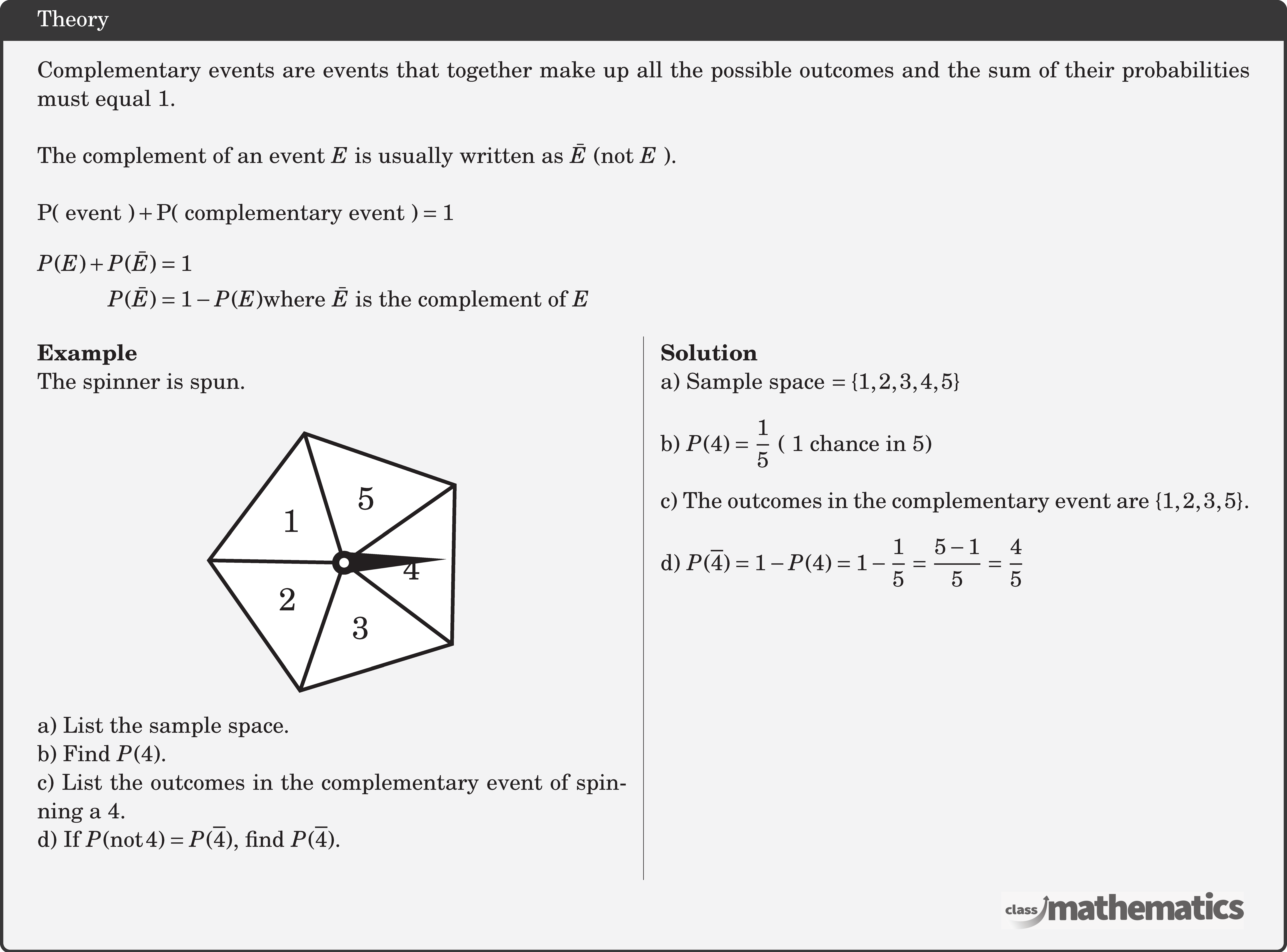 Complementary events are events that together make up all the possible outcomes and the sum of their probabilities must equal 1. \\  The complement of an event \(E\) is usually written as \(\bar{E}\) (not \(E\) ).\\  \(\mathrm{P}(\) event \()+\mathrm{P}(\) complementary event \()=1\)\\  $\begin{aligned} P(E)+P(\bar{E}) &=1 \\ P(\bar{E}) &=1-P(E) \text{where } \bar{E} \text{ is the complement of }E \end{aligned}$ \\  \begin{multicols}{2}  \textbf{Example}\\ The spinner is spun.\\  \begin{center} \begin{tikzpicture} \draw[line width=1.5pt,fill=white!20!white] (35:2cm)--(107:2cm)--(179:2cm)--(251:2cm)--(323:2cm)--(35:2cm)--cycle; \draw[line width=1.5pt,black] (35:2cm)--(107:2cm)--(179:2cm)--(251:2cm)--(323:2cm)--(35:2cm)--cycle; {\foreach \x in {35,107,179,251,323} \draw[line width=1.5pt,black] (0,0)--(\x:2cm); } \foreach \y/\label in {71/5,142/1,213/2,284/3,355/4} \node[] at (\y:1cm) {\Large \label}; \fill[black] (0,0) circle (5pt); \draw[line width=0.1pt,fill=black] (-90:4.5pt)--(2:1.5cm)--(90:4.5pt); \fill[white] (0,0) circle (2pt); \end{tikzpicture} %\includegraphics[width=0.3\textwidth]{2ecc6cd7-73f2-4cdb-8122-1e856bdf3d85} \end{center}  a) List the sample space.\\ b) Find \(P(4)\).\\ c) List the outcomes in the complementary event of spinning a 4.\\ d) If \(P(\operatorname{not} 4)=P(\overline{4})\), find \(P(\overline{4})\).\\  \columnbreak  \textbf{Solution}\\ a) Sample space \(=\{1,2,3,4,5\}\)\\  b) \(P(4)=\dfrac{1}{5}\) ( 1 chance in 5)\\  c) The outcomes in the complementary event are \(\{1,2,3,5\}\).\\  d) \(P(\overline{4})=1-P(4)=1-\dfrac{1}{5}=\dfrac{5-1}{5}=\dfrac{4}{5}\)\\  \end{multicols}