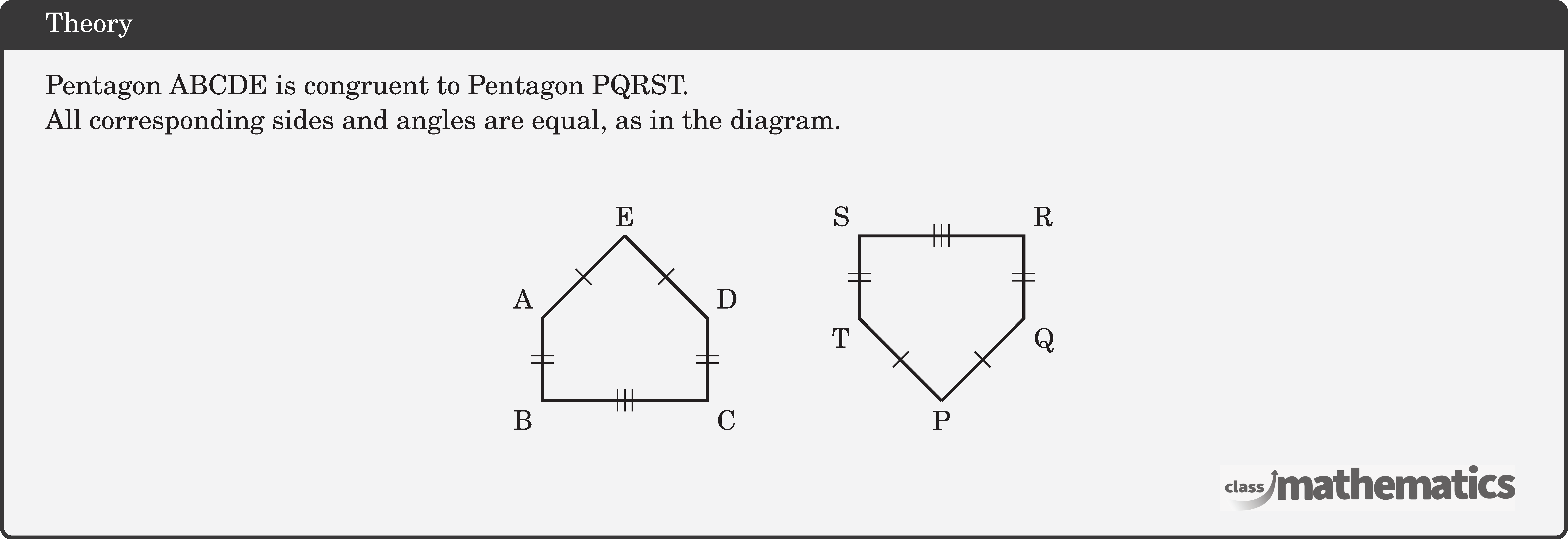 Pentagon ABCDE is congruent to Pentagon PQRST.  All corresponding sides and angles are equal, as in the diagram.\\ \begin{center} \adjustbox{valign=t}{ \begin{tikzpicture}[scale=1] \coordinate[label=above:E] (O) at (0,0); \coordinate[label=above right:D] (A) at (1,-1); \coordinate[label=above left:A] (B) at (-1,-1); \coordinate[label=below right:C] (C) at (1,-2); \coordinate[label=below left:B] (D) at (-1,-2); \draw[line width=1pt] (O)--(A) node[sloped,midway]{\(|\)}--(C)node[sloped,midway]{\(||\)}--(D)node[sloped,midway]{\(|||\)}--(B)node[sloped,midway]{\(||\)}--(O)node[sloped,midway]{\(|\)}; \end{tikzpicture} } \qquad  \adjustbox{valign=t}{ \begin{tikzpicture}[scale=1] \coordinate[label=below:P] (O) at (0,0); \coordinate[label=below right:Q] (A) at (1,1); \coordinate[label=below left:T] (B) at (-1,1); \coordinate[label=above right:R] (C) at (1,2); \coordinate[label=above left:S] (D) at (-1,2); \draw[line width=1pt] (O)--(A)node[sloped,midway]{\(|\)}--(C)node[sloped,midway]{\(||\)}--(D)node[sloped,midway]{\(|||\)}--(B)node[sloped,midway]{\(||\)}--(O)node[sloped,midway]{\(|\)}; \end{tikzpicture} } \end{center}