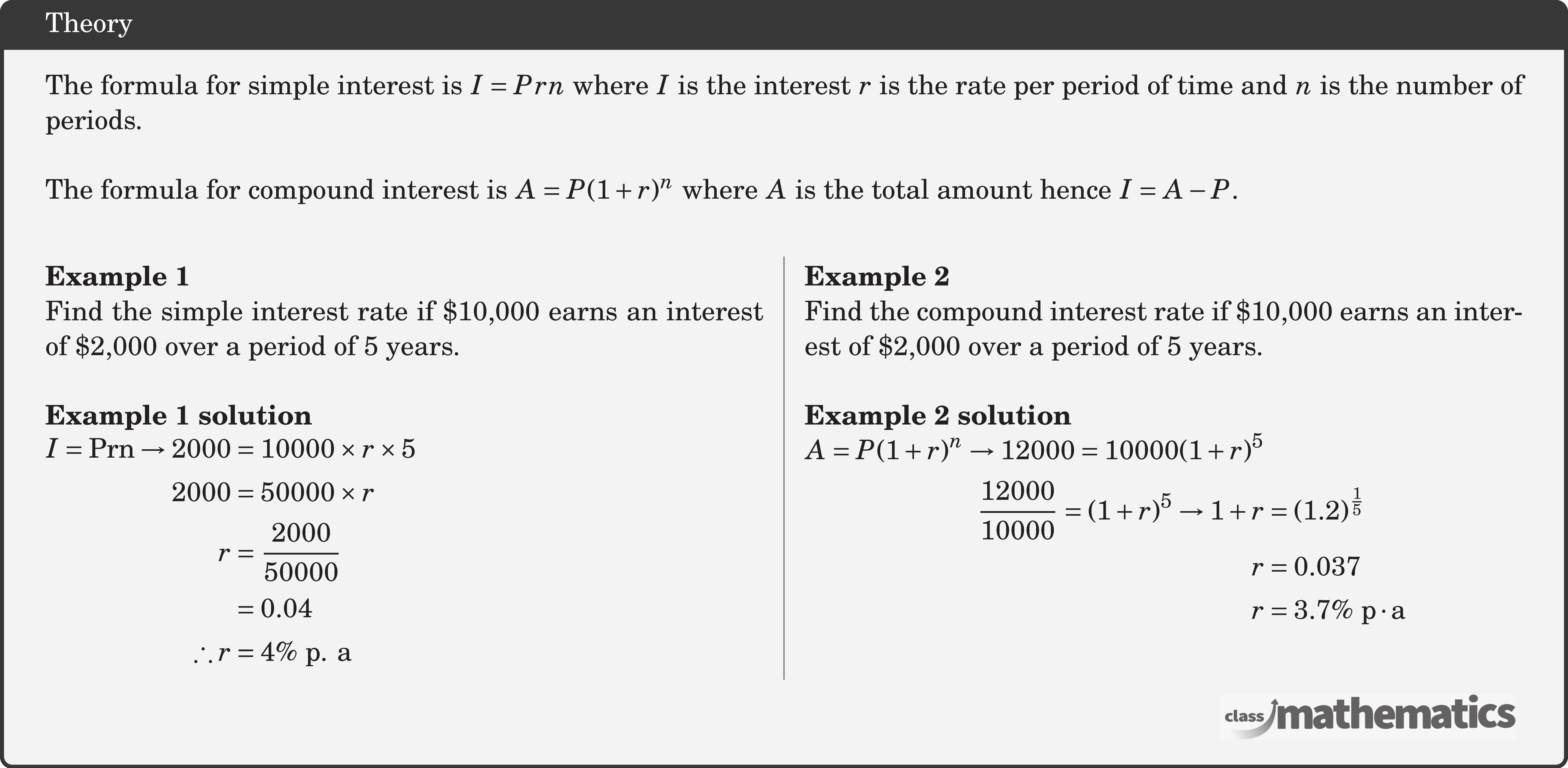 The formula for simple interest is \(I=P r n\) where \(I\) is the interest \(r\) is the rate per period of time and \(n\) is the number of periods.\\ The formula for compound interest is \(A=P(1+r)^n\) where \(A\) is the total amount hence \(I=A-P\).\\ \begin{multicols}{2} \textbf{Example 1} \\ %15901 Find the simple interest rate if \$10,000 earns an interest of \$2,000 over a period of 5 years. \\ \textbf{Example 1 solution}\\ $\begin{aligned} I=\operatorname{Prn} \rightarrow 2000 &=10000 \times r \times 5 \\ 2000 &=50000 \times r\\ r &=\frac{2000}{50000} \\ &=0.04 \\ \therefore r &=4\%\ \text{p. a} \end{aligned}$\\ \columnbreak \textbf{Example 2}\\ %15902 Find the compound interest rate if \$10,000 earns an interest of \$2,000 over a period of 5 years.\\ \textbf{Example 2 solution}\\ $\begin{aligned} A=P(1+r)^{n} \rightarrow 12000=10000(1+r)^{5} & \\ \frac{12000}{10000}=(1+r)^{5} \rightarrow 1+r &=(1.2)^{\frac{1}{5}} \\ r &=0.037 \\ r &=3.7\%\ \mathrm{p} \cdot \mathrm{a} \end{aligned}$ \end{multicols}