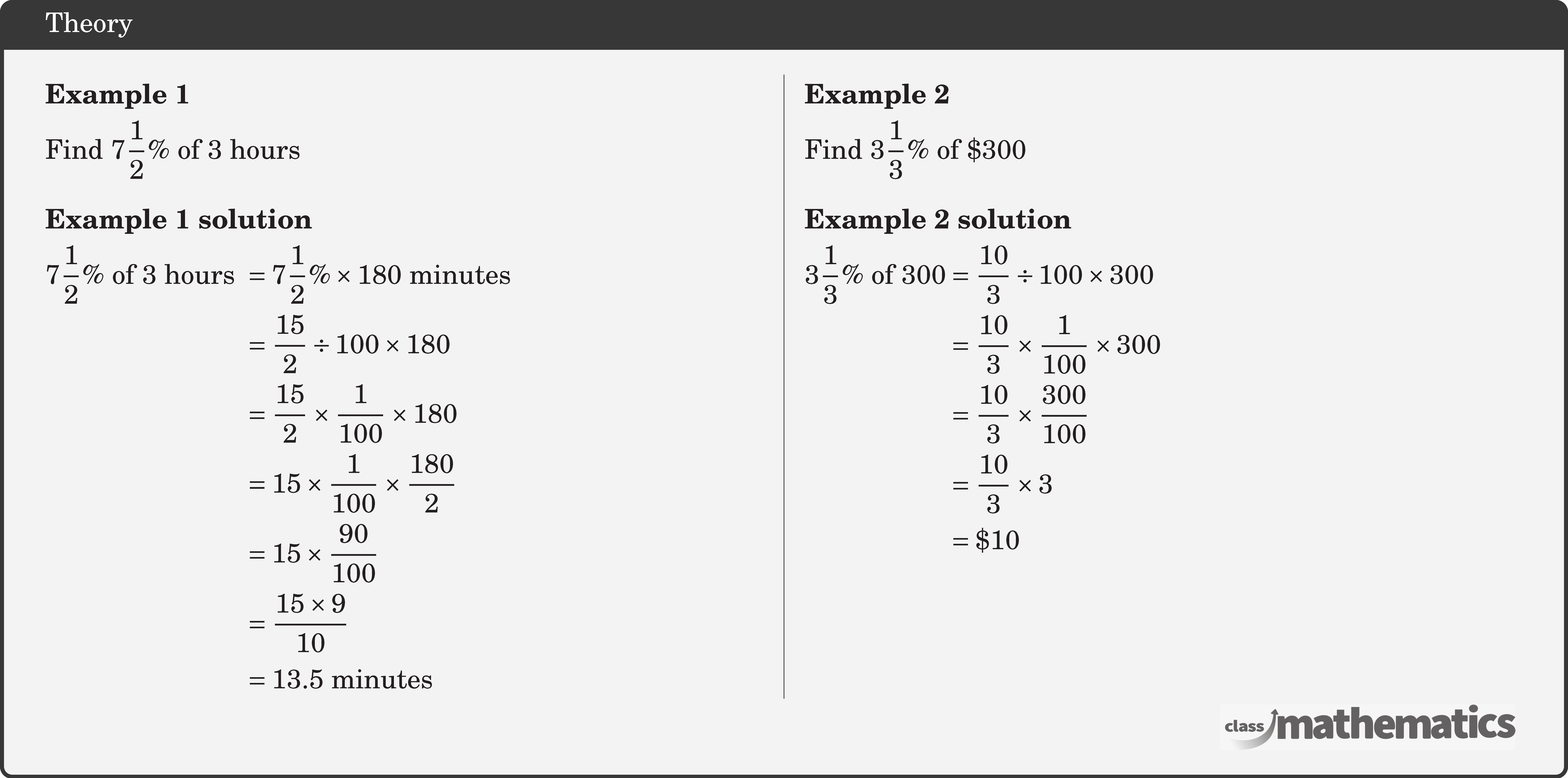 \begin{multicols}{2}  \textbf{Example 1}\\[3pt] Find \(7 \dfrac{1}{2} \% \text { of } 3 \text { hours }\)\\  \textbf{Example 1 solution}\\[3pt] \(\begin{aligned} 7 \frac{1}{2} \% \text { of } 3 \text { hours } & =7 \frac{1}{2} \% \times 180 \text { minutes } \\ & =\frac{15}{2} \div 100 \times 180 \\ & =\frac{15}{2} \times \frac{1}{100} \times 180 \\ & =15 \times \frac{1}{100} \times \frac{180}{2} \\ & =15 \times \frac{90}{100} \\ & =\frac{15 \times 9}{10} \\ & =13.5 \text { minutes } \end{aligned}\)  \columnbreak \textbf{Example 2}\\[3pt] Find \(3 \dfrac{1}{3} \% \text { of } \$ 300\)\\  \textbf{Example 2 solution}\\[3pt] \(\begin{aligned} 3 \frac{1}{3} \% \text { of } 300 & =\frac{10}{3} \div 100 \times 300 \\ & =\frac{10}{3} \times \frac{1}{100} \times 300 \\ & =\frac{10}{3} \times \frac{300}{100} \\ & =\frac{10}{3} \times 3 \\ & =\$ 10 \end{aligned}\) \end{multicols}