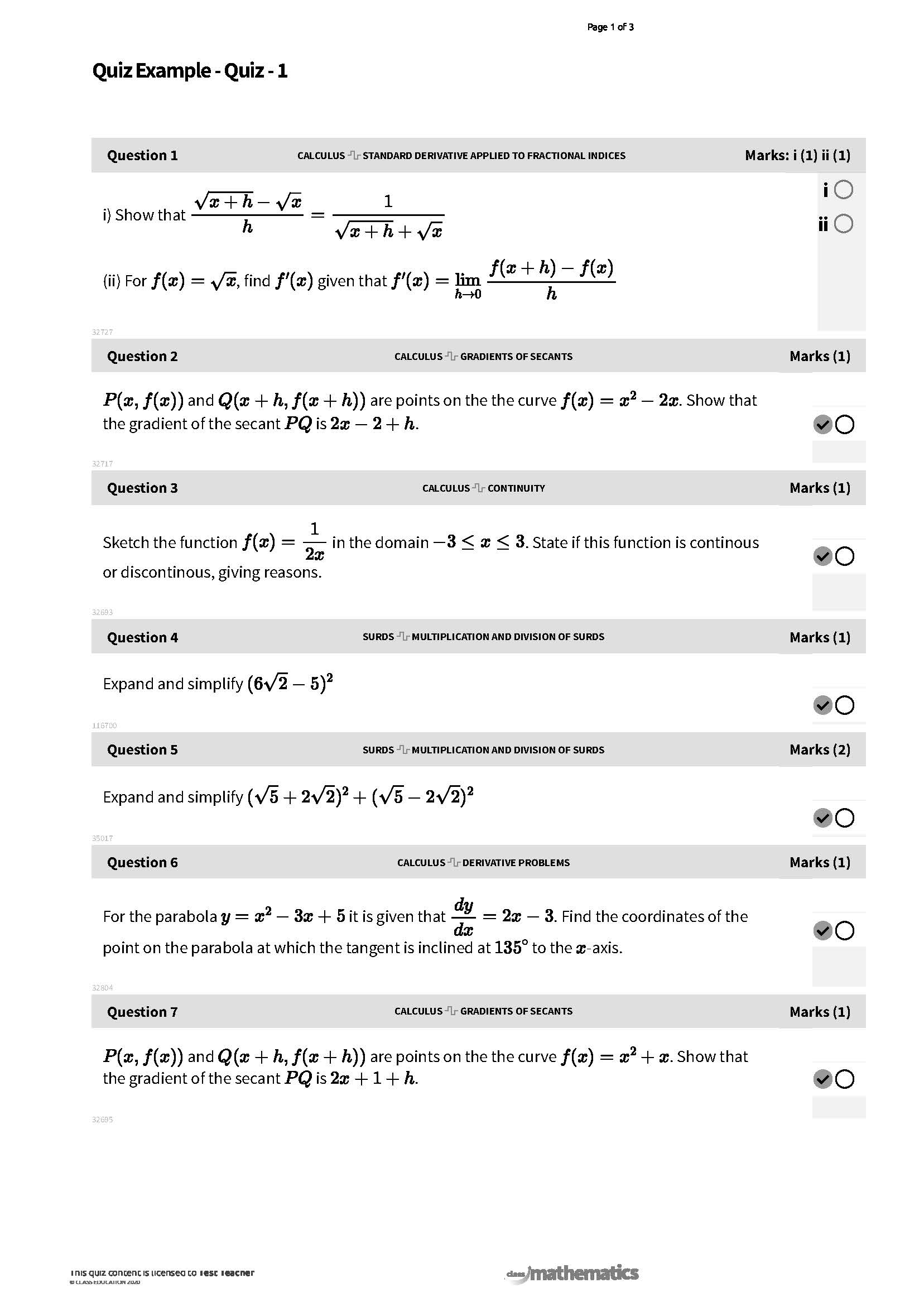 Example Quiz - Year 11 Advanced
