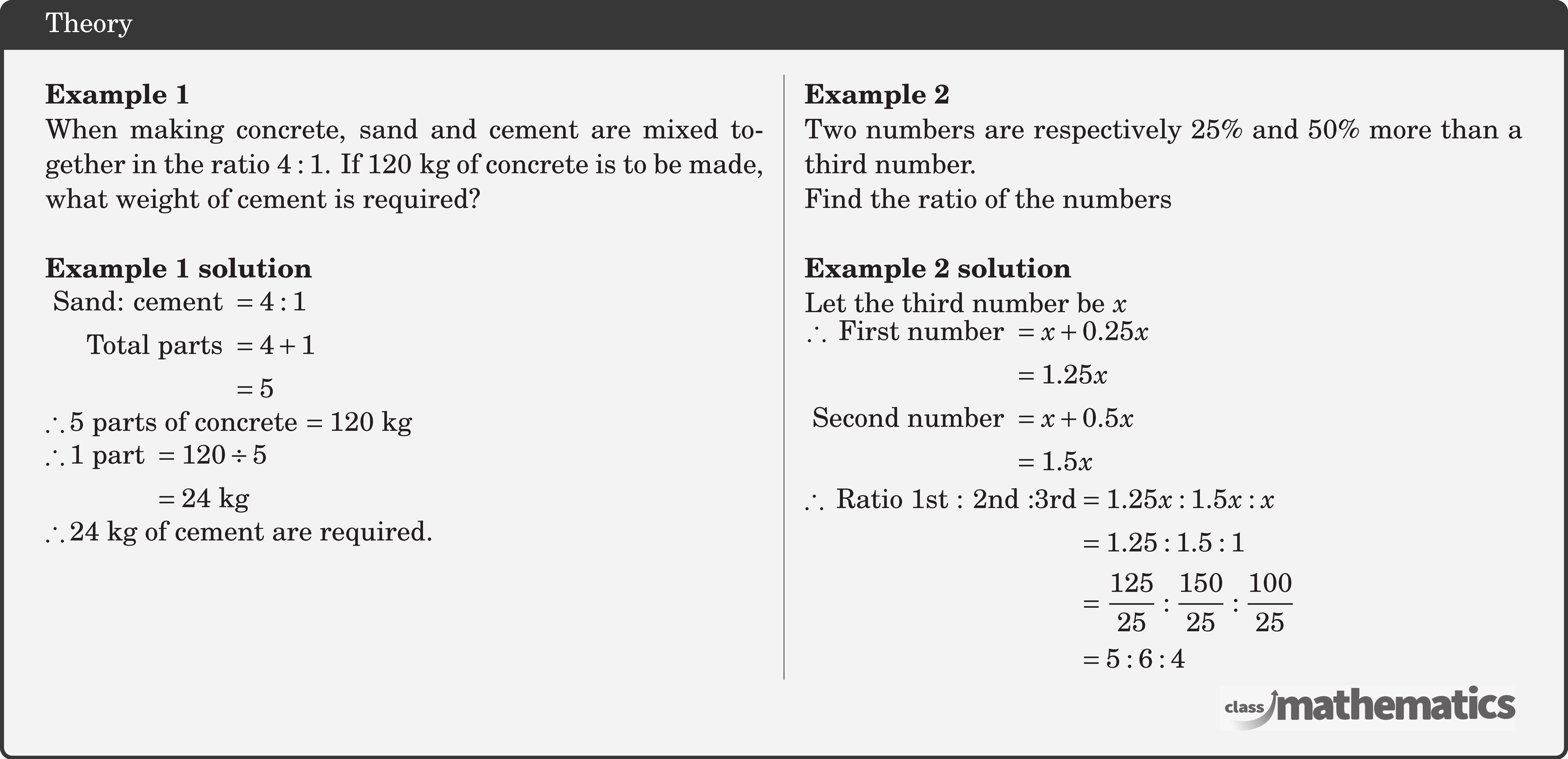 \begin{multicols}{2} \textbf{Example 1}\\ When making concrete, sand and cement are mixed together in the ratio \(4: 1\). If \(120 \text{~kg}\) of concrete is to be made, what weight of cement is required?\\ \textbf{Example 1 solution}\\ \(\begin{aligned} \text { Sand: cement } & =4: 1 \\ \text { Total parts } & =4+1 \\ & =5 \end{aligned}\)\\ \(\therefore 5\) parts of concrete \(=120 \text{~kg}\)\\ \(\begin{aligned} \therefore 1\text { part } & =120 \div 5 \\ & =24 \text{~kg} \end{aligned}\)\\ \(\therefore 24 \text{ kg}\) of cement are required. \columnbreak \textbf{Example 2}\\ Two numbers are respectively \(25 \%\) and \(50 \%\) more than a third number.\\ Find the ratio of the numbers\\ \textbf{Example 2 solution}\\ Let the third number be \(x\)\\ \(\begin{aligned} \therefore \text { First number } & =x+0.25 x \\ & =1.25 x \\ \text { Second number } & =x+0.5 x \\ & =1.5 x \end{aligned}\)\\ \(\begin{aligned} \therefore \text { Ratio 1st : 2nd :3rd} & =1.25 x: 1.5 x:x \\ & =1.25: 1.5 :1\\ & =\frac{125}{25}: \frac{150}{25}:\dfrac{100}{25} \\ & =5: 6:4 \end{aligned}\) \end{multicols}