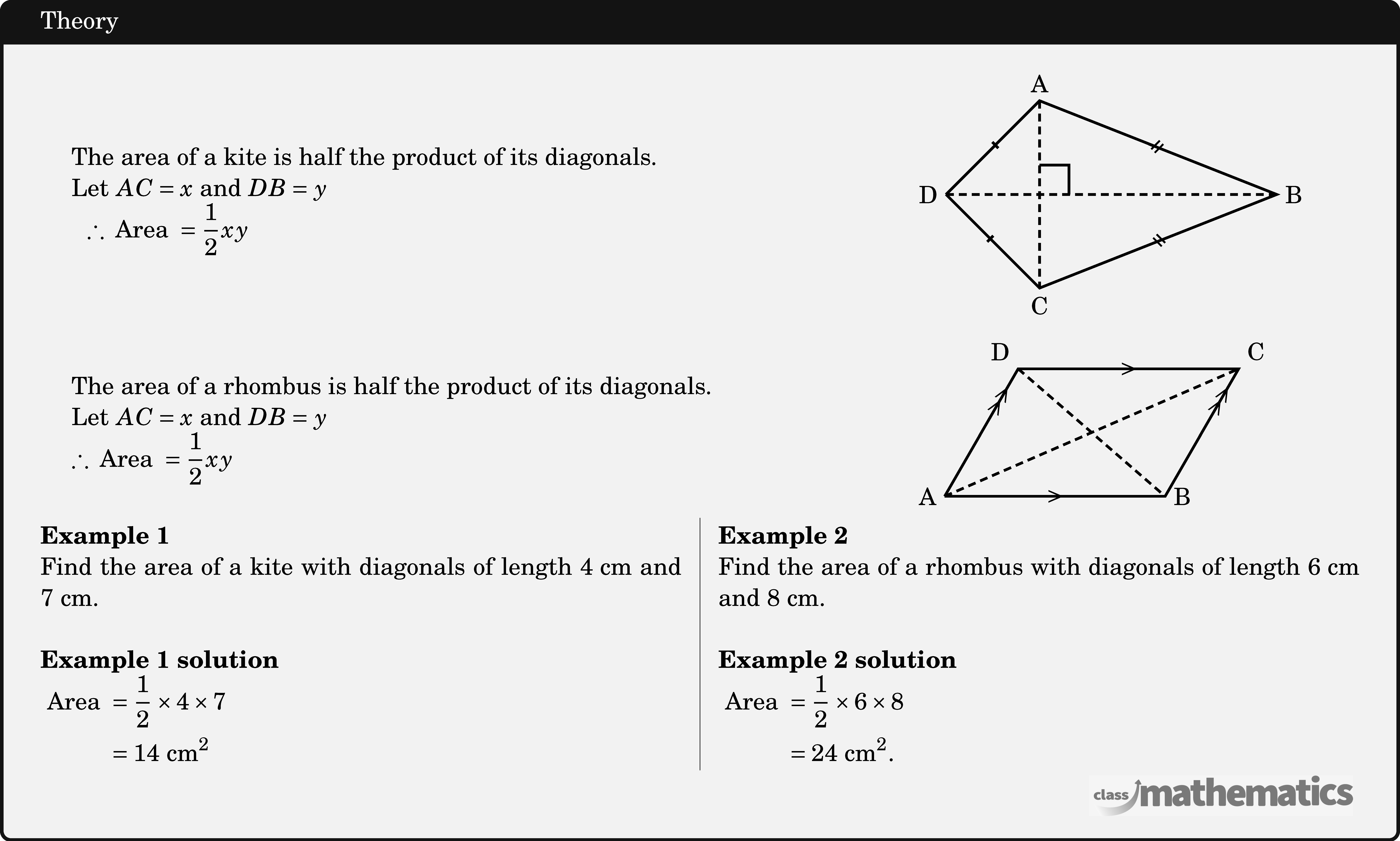 \begin{tabular}{p{11cm}c} \begin{tabular}{p{10cm}} The area of a kite is half the product of its diagonals.\newline Let \(A C=x\) and \(DB=y\)\newline \begin{tabular}{c} \(\therefore \text { Area }=\dfrac{1}{2}xy\) \end{tabular} \end{tabular} & \begin{tabular}{c} \begin{tikzpicture}[scale=0.9] \coordinate[label=left:D] (O) at (0,0); \coordinate[label=above:A] (A) at (45:2cm); \coordinate[label=below:C] (B) at (-45:2cm); \coordinate[label=right:B] (C) at (right:5cm); \coordinate (D) at ($(O)!(A)!(C)$); \draw[line width=1pt] (O)--(A)node[midway,rotate=-45]{\Large -}--(C)node[midway,rotate=45]{=} --(B)node[midway,rotate=-45]{=}--(O)node[midway,rotate=45]{\Large -}; \draw[line width=1pt,densely dashed] (A)--(B); \draw[line width=1pt,densely dashed] (O)--(C); \pic [draw=black,line width=1pt,angle radius=0.4cm,angle eccentricity=1.6,""] {right angle=A--D--C}; \end{tikzpicture} \end{tabular} \end{tabular}  \begin{tabular}{p{11cm}c} \begin{tabular}{p{11cm}} The area of a rhombus is half the product of its diagonals.\newline Let \(AC=x\) and \(DB=y\)\newline \(\therefore \text { Area }=\dfrac{1}{2} x y\) \end{tabular} & \begin{tabular}{c} \begin{tikzpicture}[scale=1] \coordinate[label=left:A] (O) at (0,0); \coordinate[label=above left:D] (A) at (60:2cm); \coordinate[label=right:B] (B) at (right:3cm); \begin{scope}[shift=(B)] \coordinate[label=above right:C] (C) at (60:2cm); \end{scope} \draw[line width=1pt] (O)--(B)node[midway,rotate=90]{}--(C)node[midway]{ }--(A)node[midway,rotate=90]{}--(O)node[midway]{}; \path (O)--(B) node[midway,sloped] {\(>\)}; \path (A)--(C) node[midway,sloped] {\(>\)}; \path (O)--(A) node[pos=0.7,sloped] {\(>\)}; \path (B)--(C) node[pos=0.7,sloped] {\(>\)}; \path (O)--(A) node[pos=0.8,sloped] {\(>\)}; \path (B)--(C) node[pos=0.8,sloped] {\(>\)}; \draw[line width=1pt,densely dashed] (A)--(B); \draw[line width=1pt,densely dashed] (O)--(C); \end{tikzpicture} \end{tabular} \end{tabular} \begin{multicols}{2}  \textbf{Example 1}\\ Find the area of a kite with diagonals of length \(4 \text{~cm}\) and \(7 \text{~cm}\).\\  \textbf{Example 1 solution}\\ \(\begin{aligned} \text { Area } & =\frac{1}{2} \times 4 \times 7 \\ & =14 \text{~cm}^2 \end{aligned}\)  \columnbreak \textbf{Example 2}\\ Find the area of a rhombus with diagonals of length \(6 \text{~cm}\) and \(8 \text{~cm}\).\\  \textbf{Example 2 solution}\\ \(\begin{aligned} \text { Area } & =\frac{1}{2} \times 6 \times 8 \\ & =24 \text{~cm}^2 . \end{aligned}\) \end{multicols}
