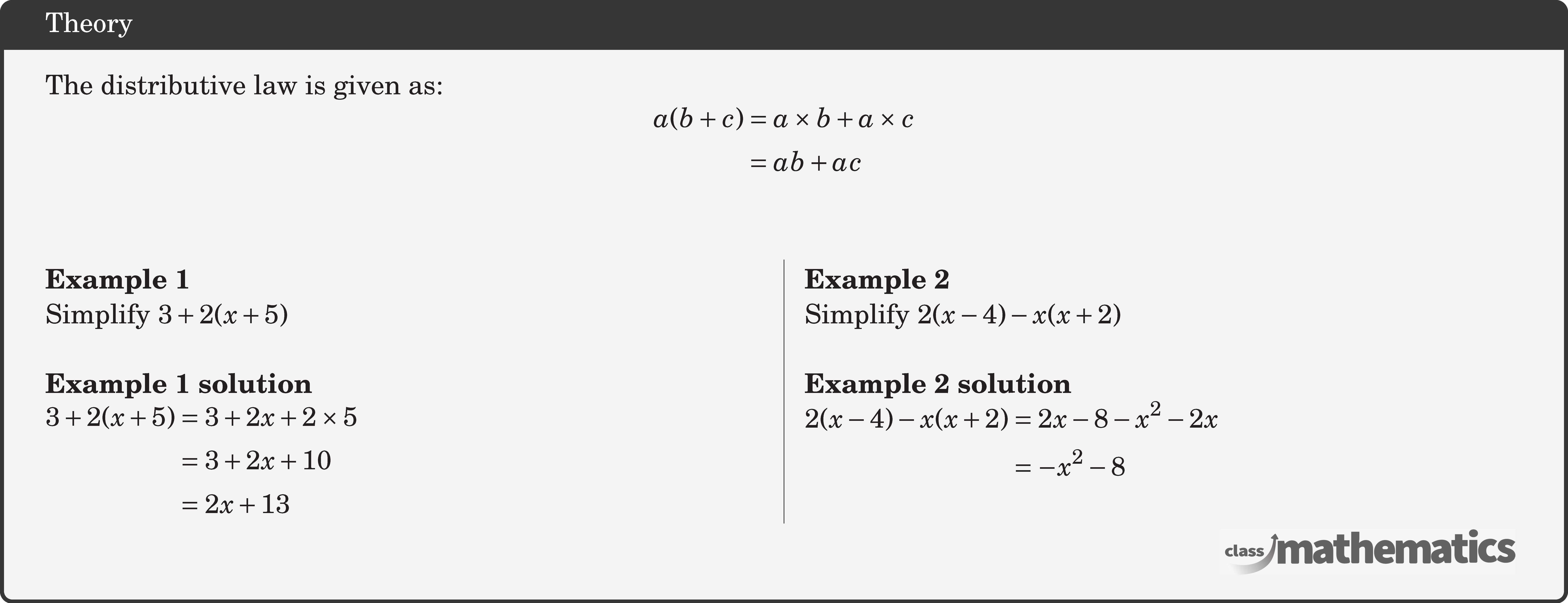 The distributive law is given as: $$ \begin{aligned} a(b+c) & =a \times b+a \times c \\ & =a b+a c \end{aligned} $$ \hfill\linebreak \begin{multicols}{2} \textbf{Example 1}\\ Simplify \(3+2(x+5)\)\\ \textbf{Example 1 solution}\\ \(\begin{aligned} 3+2(x+5) &= 3+2 x+2 \times 5 \\ &= 3+2x+10\\ & =2 x+13 \end{aligned}\) \columnbreak \textbf{Example 2}\\ Simplify \(2(x-4)-x(x+2)\)\\ \textbf{Example 2 solution}\\ \(\begin{aligned} 2(x-4)-x(x+2) & =2 x-8-x^2-2 x \\ & =-x^2-8 \end{aligned}\) \end{multicols}