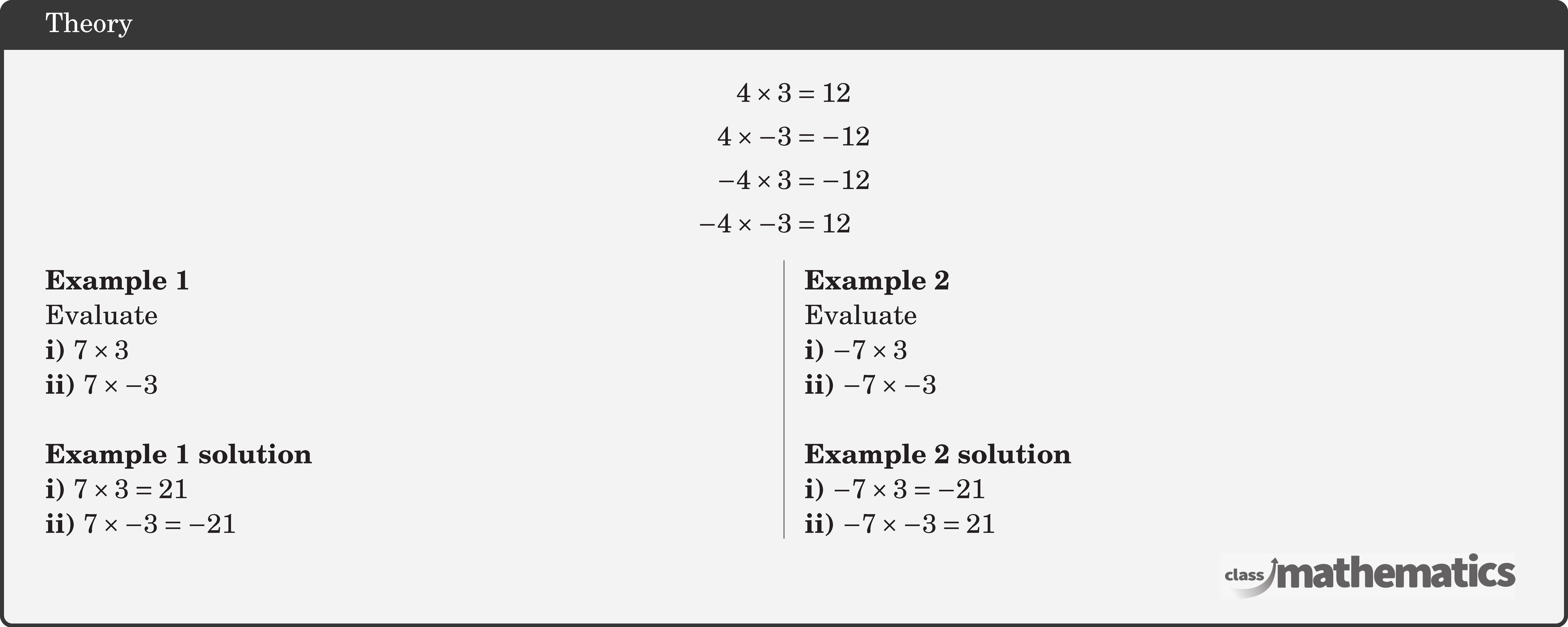 $$ \begin{aligned} 4 \times 3 & =12 \\ 4 \times-3 & =-12 \\ -4 \times 3 & =-12 \\ -4 \times-3 & =12 \end{aligned} $$ \begin{multicols}{2} \textbf{Example 1}\\ Evaluate\\ \textbf{i)} \(7 \times 3\)\\ \textbf{ii)} \(7 \times -3\)\\ \textbf{Example 1 solution}\\ \textbf{i)} \(7 \times 3=21\)\\ \textbf{ii)} \(7 \times -3=-21\) \columnbreak \textbf{Example 2}\\ Evaluate\\ \textbf{i)} \(-7 \times 3\)\\ \textbf{ii)} \(-7 \times -3\)\\ \textbf{Example 2 solution}\\ \textbf{i)} \(-7 \times 3=-21\)\\ \textbf{ii)} \(-7 \times -3=21\) \end{multicols}